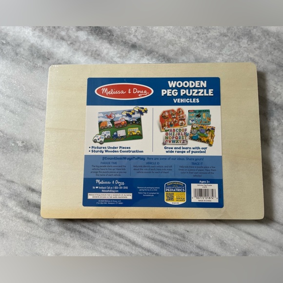 Melissa & Doug Vehicles Peg Puzzle NWT vehicles Fire Truck Police Bus kid’s - Picture 2 of 3